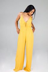 Plunging Neckline Jumpsuit (Mustard)